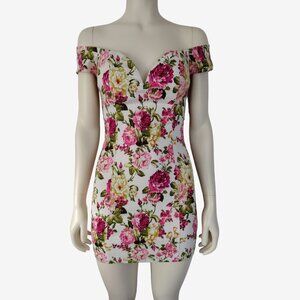 Signature 8 Off Shoulder White Floral Print Micro Mini Fitted Dress M